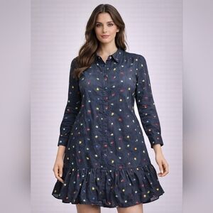 Tuckernuck Womens Embroidered Shirt Dress Navy Floral Ruffle Hem NWT Size M